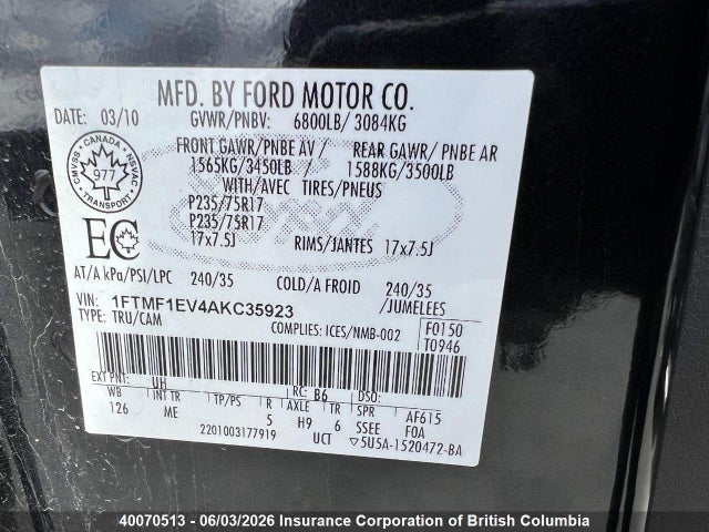 2010 Ford F150 მანქანა იყიდება აუქციონზე, vin: 1FTMF1EV4AKC35923, აუქციონის ნომერი: 40070513