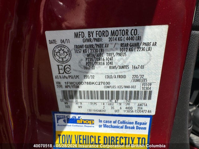 2011 Ford Escape Xlt Automatic მანქანა იყიდება აუქციონზე, vin: 1FMCU0D78BKC27030, აუქციონის ნომერი: 40070518