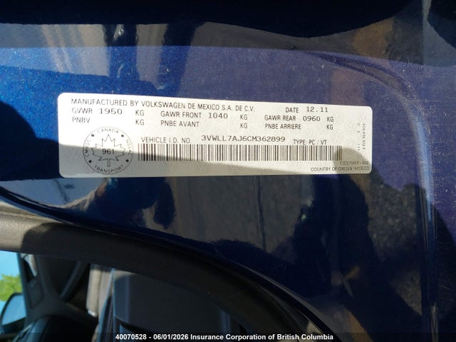 Aukcja sprzedaży 2012 Volkswagen Jetta, vin: 3VWLL7AJ6CM362899, numer aukcji: 40070528