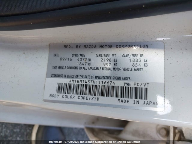 40070549 :رقم المزاد ، JM1BN1W37H1116674 vin ، 2017 Mazda 3 Grand Touring مزاد بيع