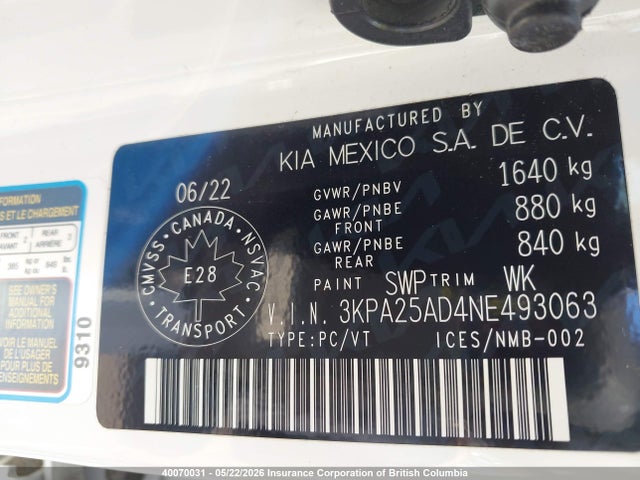Продаж на аукціоні авто 2022 Kia Rio S, vin: 3KPA25AD4NE493063, номер лоту: 40070031