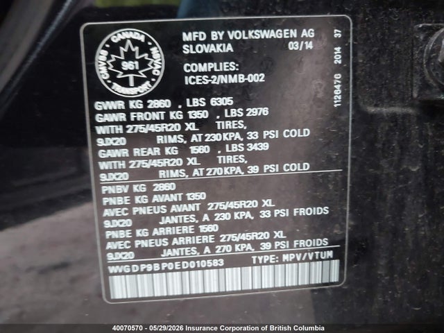 2014 Volkswagen Touareg Tdi მანქანა იყიდება აუქციონზე, vin: WVGDP9BP0ED010583, აუქციონის ნომერი: 40070570