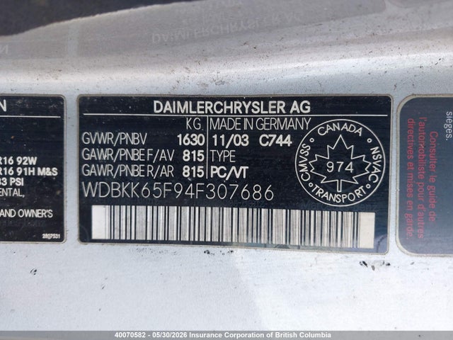 Продаж на аукціоні авто 2004 Mercedes-benz Slk 320, vin: WDBKK65F94F307686, номер лоту: 40070582