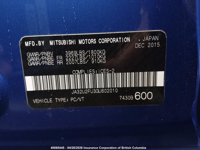 2016 Mitsubishi Lancer Es მანქანა იყიდება აუქციონზე, vin: JA32U2FU3GU602010, აუქციონის ნომერი: 40065445
