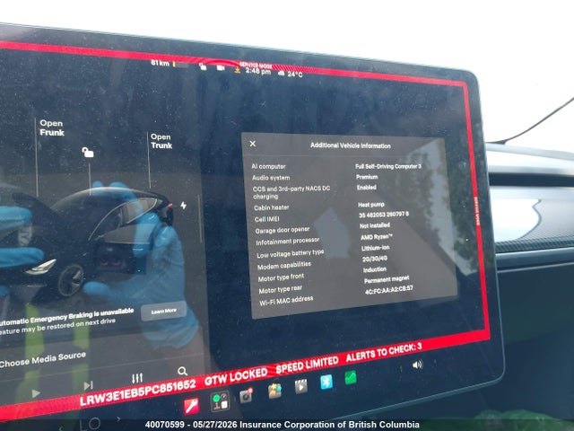 40070599 :رقم المزاد ، LRW3E1EB5PC851652 vin ، 2023 Tesla Model 3 مزاد بيع
