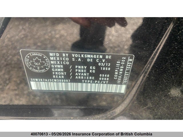 2012 Volkswagen Jetta მანქანა იყიდება აუქციონზე, vin: 3VW2K7AJ3CM388097, აუქციონის ნომერი: 40070613