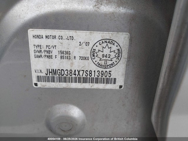 2007 Honda Fit მანქანა იყიდება აუქციონზე, vin: JHMGD384X7S813905, აუქციონის ნომერი: 40054159