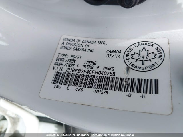 Aukcja sprzedaży 2014 Honda Civic Lx, vin: 2HGFB2F46EH040758, numer aukcji: 40068905