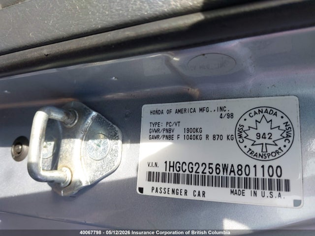 40067798 :رقم المزاد ، 1HGCG2256WA801100 vin ، 1998 Honda Accord Ex مزاد بيع