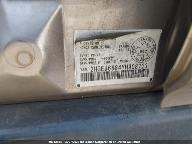 40012884 :رقم المزاد ، 2HGEJ6684YH908723 vin ، 2000 Honda Civic Ex مزاد بيع