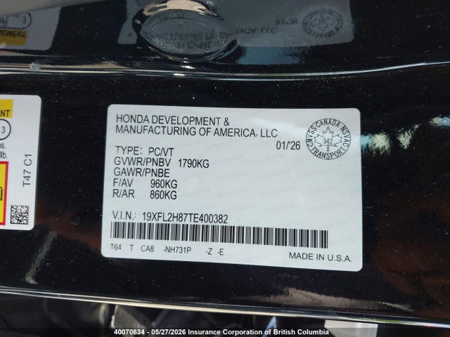 19XFL2H87TE400382 Honda Civic