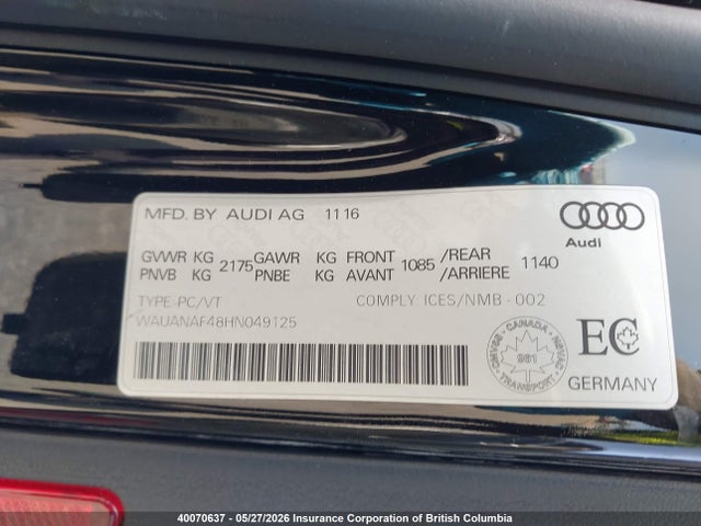 2017 Audi A4 მანქანა იყიდება აუქციონზე, vin: WAUANAF48HN049125, აუქციონის ნომერი: 40070637