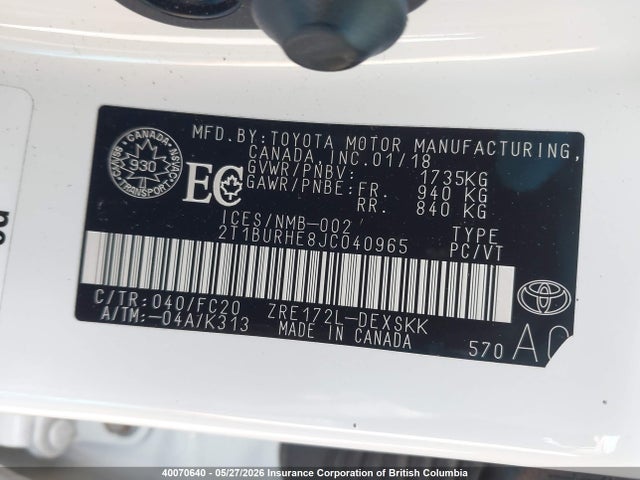 2018 Toyota Corolla L/le/xle/se/xse მანქანა იყიდება აუქციონზე, vin: 2T1BURHE8JC040965, აუქციონის ნომერი: 40070640