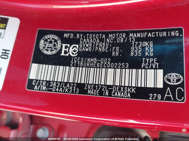 2014 Toyota Corolla L/le/le Pls/prm/s/s Pls მანქანა იყიდება აუქციონზე, vin: 2T1BURHE6EC002253, აუქციონის ნომერი: 40069167