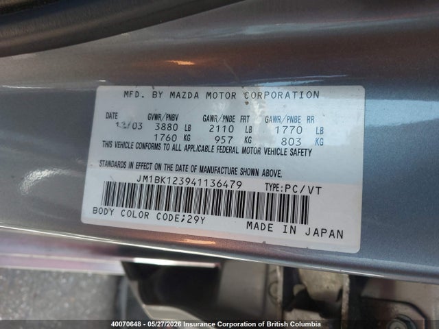 Продажа на аукционе авто 2004 Mazda 3 S, vin: JM1BK123941136479, номер лота: 40070648