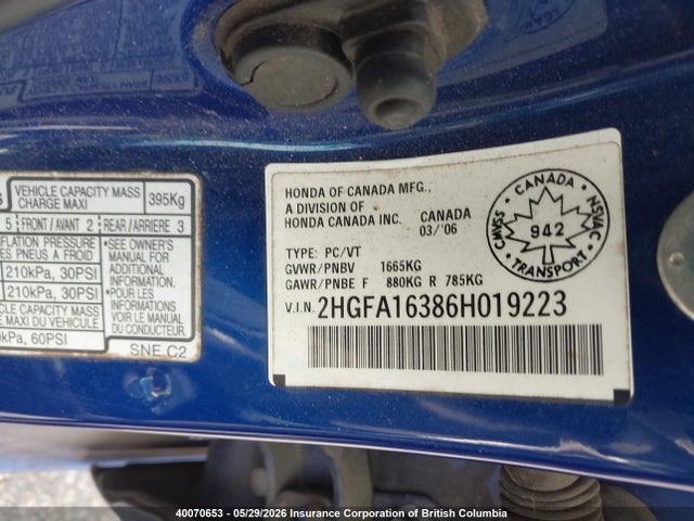 Aukcja sprzedaży 2006 Honda Civic, vin: 2HGFA16386H019223, numer aukcji: 40070653