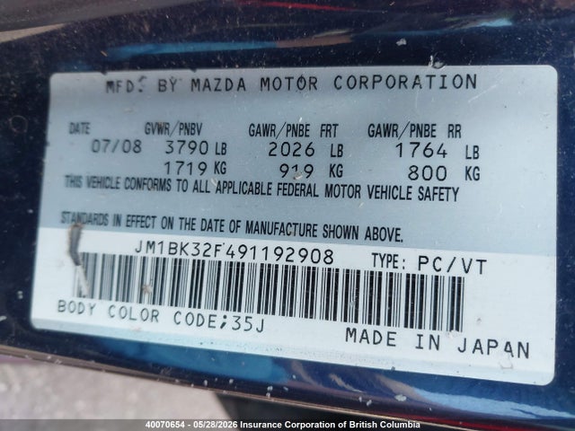 40070654 :رقم المزاد ، JM1BK32F491192908 vin ، 2009 Mazda 3 I مزاد بيع