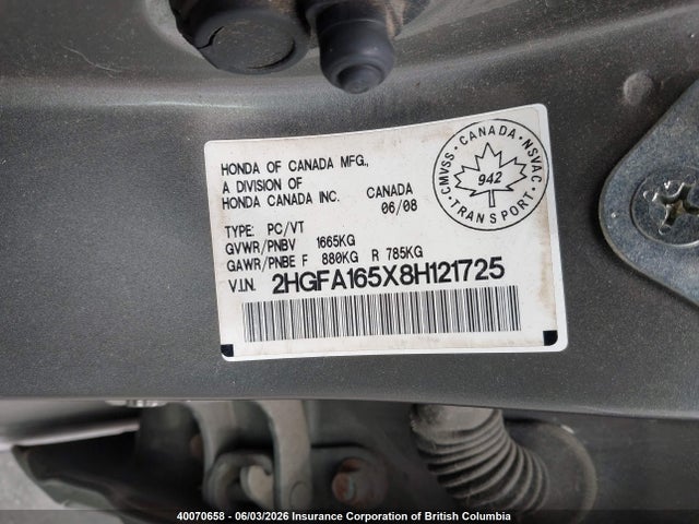 Продаж на аукціоні авто 2008 Honda Civic, vin: 2HGFA165X8H121725, номер лоту: 40070658