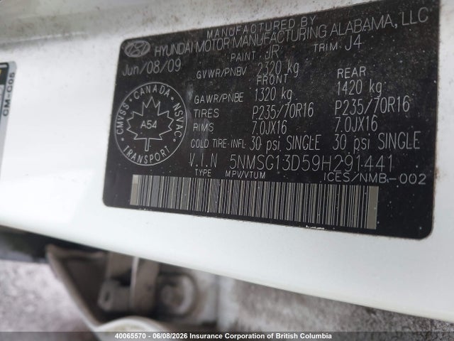 40065570 :رقم المزاد ، 5NMSG13D59H291441 vin ، 2009 Hyundai Santa Fe Gls مزاد بيع