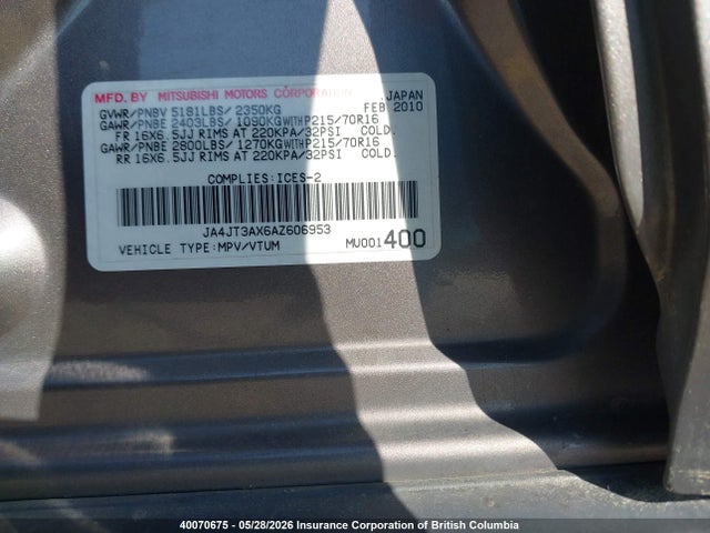 40070675 :رقم المزاد ، JA4JT3AX6AZ606953 vin ، 2010 Mitsubishi Outlander Xls مزاد بيع