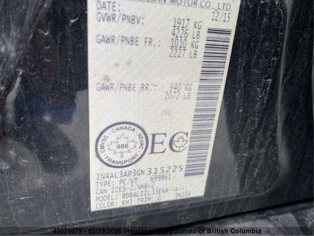 40070679 :رقم المزاد ، 1N4AL3AP3GN315225 vin ، 2016 Nissan Altima 2.5/s/sv/sl/sr مزاد بيع