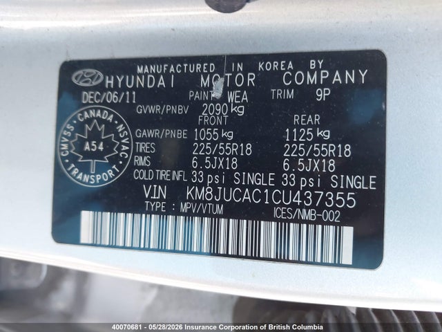 40070681 :رقم المزاد ، KM8JUCAC1CU437355 vin ، 2012 Hyundai Tucson Gls/limited مزاد بيع