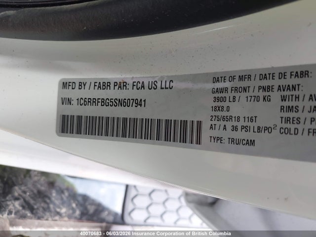 2025 Ram 1500 Big Horn/lone Star მანქანა იყიდება აუქციონზე, vin: 1C6RRFBG5SN607941, აუქციონის ნომერი: 40070683