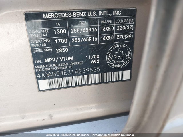Aukcja sprzedaży 2001 Mercedes-benz Ml 320 Classic/elegance, vin: 4JGAB54E31A239535, numer aukcji: 40070684