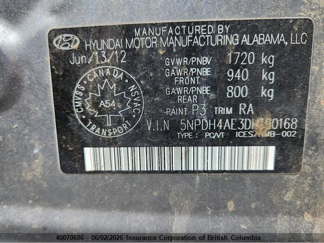 2013 Hyundai Elantra Gl მანქანა იყიდება აუქციონზე, vin: 5NPDH4AE3DH190168, აუქციონის ნომერი: 40070686
