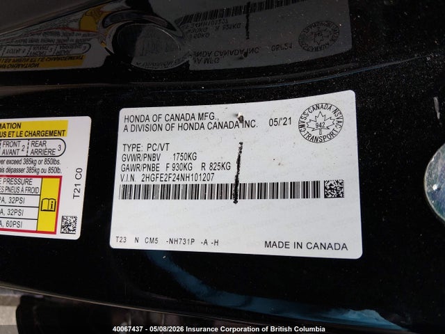 40067437 :رقم المزاد ، 2HGFE2F24NH101207 vin ، 2022 Honda Civic Lx مزاد بيع
