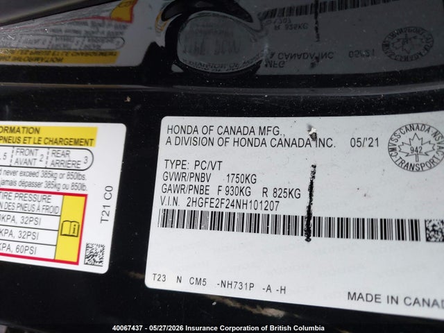 40067437 :رقم المزاد ، 2HGFE2F24NH101207 vin ، 2022 Honda Civic Lx مزاد بيع