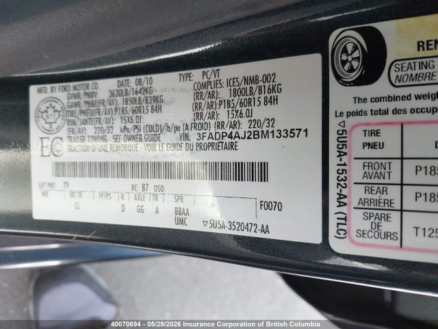 40070694 :رقم المزاد ، 3FADP4AJ2BM133571 vin ، 2011 Ford Fiesta S مزاد بيع