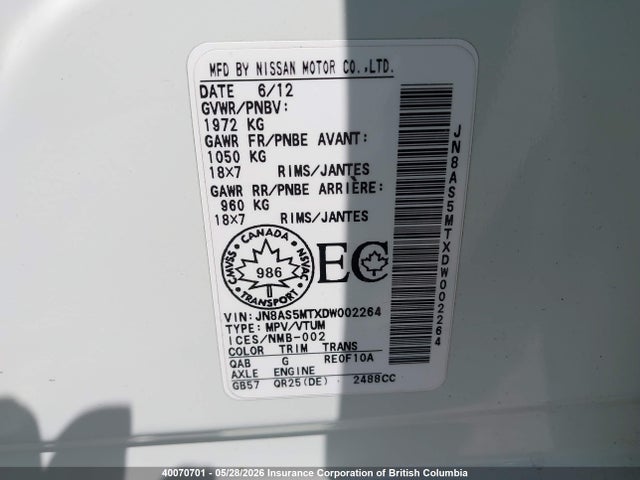 40070701 :رقم المزاد ، JN8AS5MTXDW002264 vin ، 2013 Nissan Rogue مزاد بيع