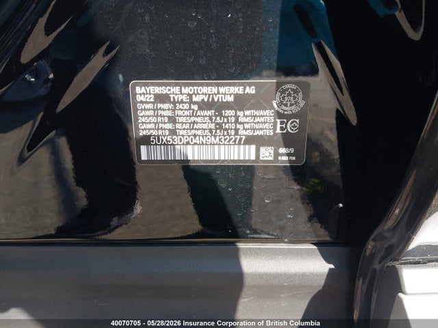 2022 Bmw X3 მანქანა იყიდება აუქციონზე, vin: 5UX53DP04N9M32277, აუქციონის ნომერი: 40070705