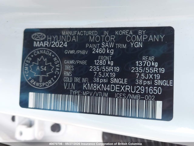 40070706 :رقم المزاد ، KM8KN4DEXRU291650 vin ، 2024 Hyundai Ioniq مزاد بيع