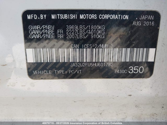 JA32U2FU5HU601782 Mitsubishi LANCER ES