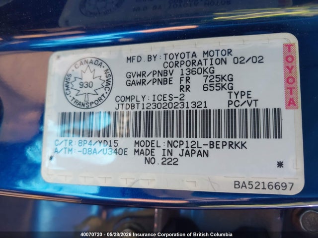 Продажа на аукционе авто 2002 Toyota Echo, vin: JTDBT123020231321, номер лота: 40070720