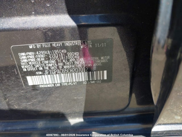 Продаж на аукціоні авто 2012 Subaru Impreza Premium, vin: JF1GPAC65CH207012, номер лоту: 40067893