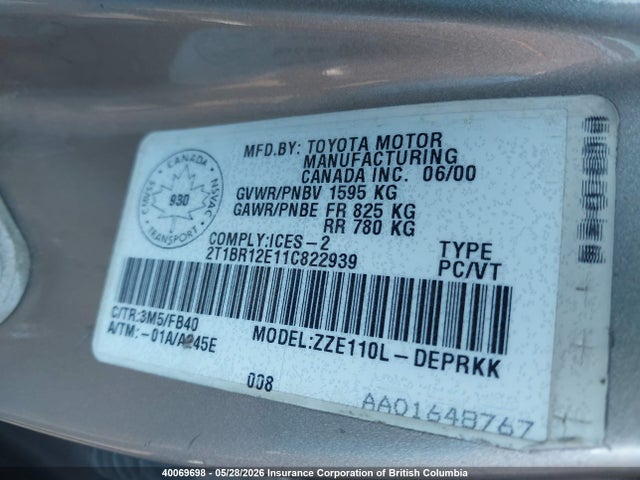 Продаж на аукціоні авто 2001 Toyota Corolla Ce/le/s, vin: 2T1BR12E11C822939, номер лоту: 40069698
