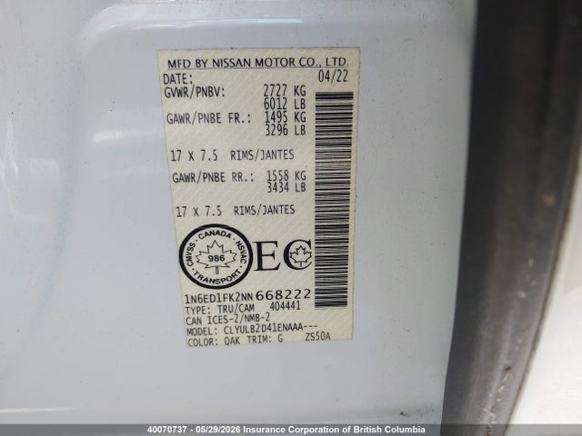 40070737 :رقم المزاد ، 1N6ED1FK2NN668222 vin ، 2022 Nissan Frontier Pro-4x/sv مزاد بيع