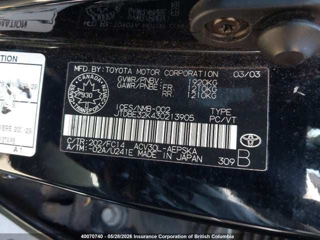 Продаж на аукціоні авто 2003 Toyota Camry, vin: JTDBE32K430213905, номер лоту: 40070740