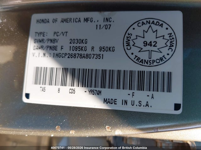 Aukcja sprzedaży 2008 Honda Accord Ex-l, vin: 1HGCP26878A807351, numer aukcji: 40070741