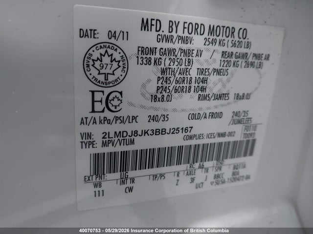 40070753 :رقم المزاد ، 2LMDJ8JK3BBJ25167 vin ، 2011 Lincoln Mkx مزاد بيع