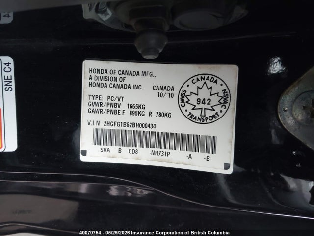 Aukcja sprzedaży 2011 Honda Civic, vin: 2HGFG1B62BH000434, numer aukcji: 40070754