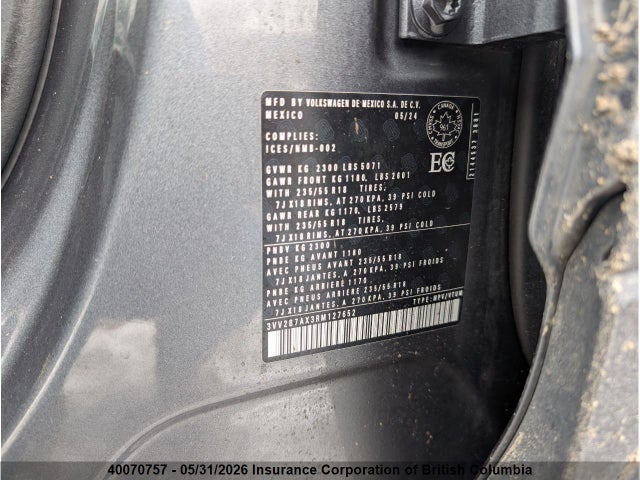 2024 Volkswagen Tiguan Comfortline მანქანა იყიდება აუქციონზე, vin: 3VV2B7AX3RM127652, აუქციონის ნომერი: 40070757