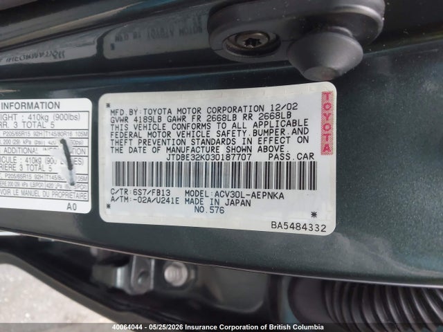 40064044 :رقم المزاد ، JTDBE32K030187707 vin ، 2003 Toyota Camry Le/xle مزاد بيع