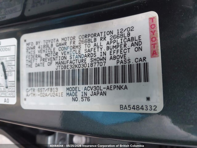 40064044 :رقم المزاد ، JTDBE32K030187707 vin ، 2003 Toyota Camry Le/xle مزاد بيع