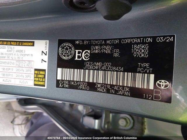 2024 Toyota Corolla Hybrid Le მანქანა იყიდება აუქციონზე, vin: JTDBCMFE4RJ028434, აუქციონის ნომერი: 40070764