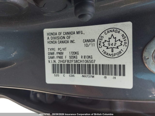 40070769 :رقم المزاد ، 2HGFB2F58CH106507 vin ، 2012 Honda Civic مزاد بيع