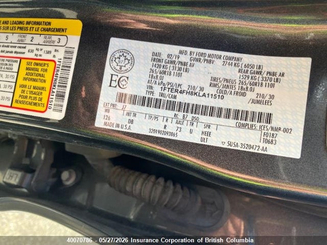 2019 Ford Ranger Lariat მანქანა იყიდება აუქციონზე, vin: 1FTER4FH8KLA11510, აუქციონის ნომერი: 40070786